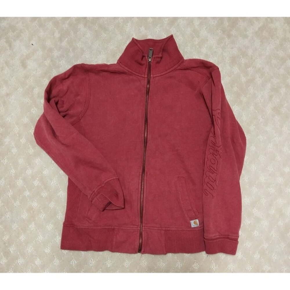Carhartt Jacket Women's M (8-10) Red Full Zip Mock Neck Script Sleeve Logo Sweat